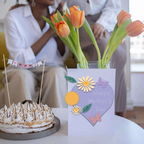 Mother's Day card with heart, butterfly, flower shapes from Five Set Metal Cutting Dies And Stencil Kit with Thirty Two Pcs Templates.