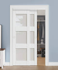 Front view of Paintable Sliding Closet Doors 48x80 Bypass Panels With Hardware Kit, 3 Lite Frosted Glass Slab, Shaker Style installed
