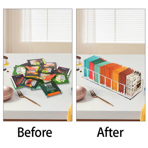 Side-by-side comparison of messy tea bags and Clear Acrylic 8 Slot Tea Bag Organizer For Drawer Pantry And Countertop Tea Bag Holder.
