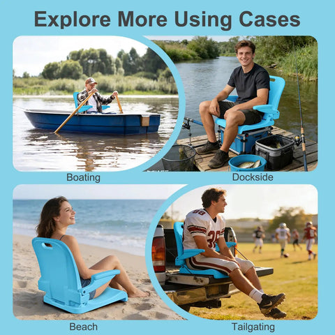 Foldable Outdoor Poolside Chair With Armrests And Drainage Hole Portable Beach Kickback Chair in different settings like boating and beach