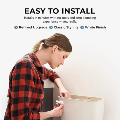 Person installing a white finish front mount toilet handle replacement kit with universal flush lever on a toilet tank.