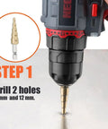Heavy Duty Dope Double Headed Sheet Metal Nibbler drill attachment in use drilling holes with step drill bit at step 1