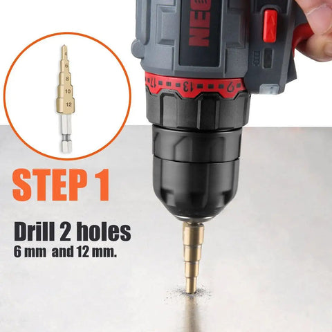 Heavy Duty Dope Double Headed Sheet Metal Nibbler drill attachment in use drilling holes with step drill bit at step 1