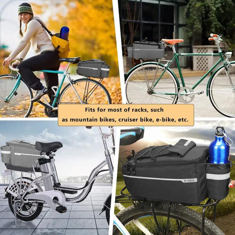 Waterproof Insulated Bike Rack Bag With 8 Liter Capacity For Bicycle Trunk Storage on various bike types.