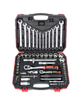 Premium Auto Combination Wrench Set Packing Slick Ratchet Pawl Sockets Hefty Spanner And Precision Screwdriver Bits For Your Garage Stash in red and black case.