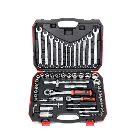 Premium Auto Combination Wrench Set Packing Slick Ratchet Pawl Sockets Hefty Spanner And Precision Screwdriver Bits For Your Garage Stash in red and black case.