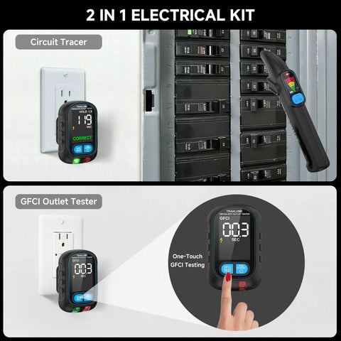 2 In 1 Circuit Breaker Finder With Non Contact Voltage Detection, GFCI Outlet Tester, LCD Display, and Circuit Tracer Kit in use