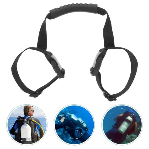 Diving Oxygen Cylinder Strap With Elastic Handle For Scuba Tanks Lightweight Air Tank Carrying Band For Water Sports And Outdoor Diving Secure Tank Stability And Easy Shoulder Carry, along with images showing product use underwater and on land.