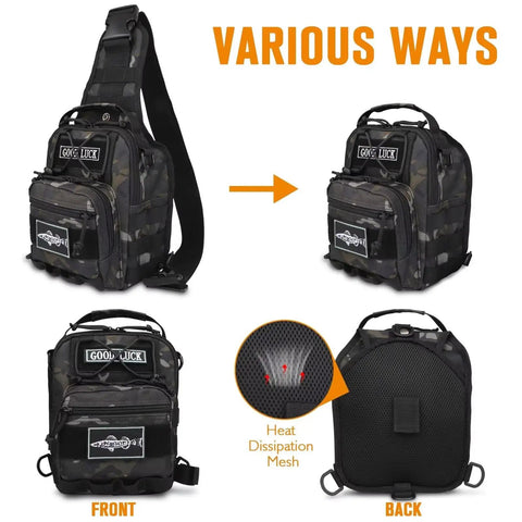 Go Light Fly Fishing Sling Pack That Keeps Gear Dry Waterproof Tackle Bag with front and back views, camo pattern, and mesh detail.