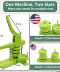 All In One Button Maker Kit With Interchangeable 32mm And 58mm Dies, Pin Badge Maker Machine showing size dimensions