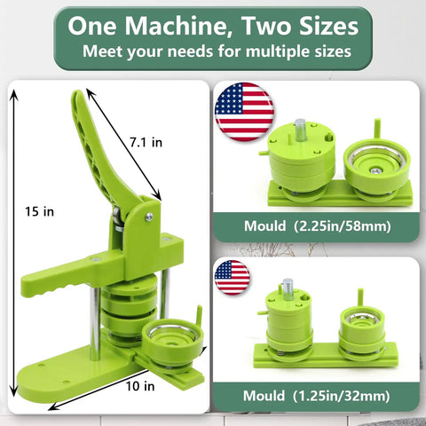 All In One Button Maker Kit With Interchangeable 32mm And 58mm Dies, Pin Badge Maker Machine showing size dimensions