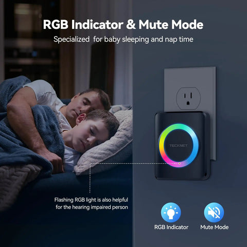 Wireless Doorbell Kit With Two Plug-In Receivers, IP65 Waterproof, 1300ft Range, showing RGB light for hearing impaired