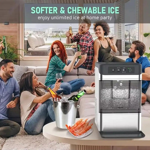 Slick Portable Countertop Ice Maker For Chewable Crushed Ice Cocktails, perfect for home parties with friends.