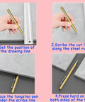 Four-step guide for using a tungsten pen with a steel ruler to scribe and cut tiles, showing hand positioning and cutting technique.