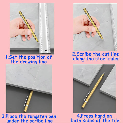 Four-step guide for using a tungsten pen with a steel ruler to scribe and cut tiles, showing hand positioning and cutting technique.