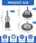 Coarse Carbon Steel Drill Wire Brush Set With Ten Piece Bundle Including Pen Wheel And Cup Brushes One Quarter Inch Hex Shank Built For Rust Busting Stripping And Tough Abrasive Cleaning On Metal Surfaces, showing product size.