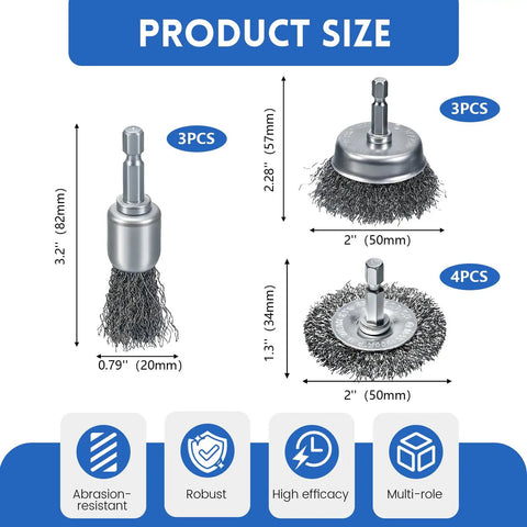 Coarse Carbon Steel Drill Wire Brush Set With Ten Piece Bundle Including Pen Wheel And Cup Brushes One Quarter Inch Hex Shank Built For Rust Busting Stripping And Tough Abrasive Cleaning On Metal Surfaces, showing product size.