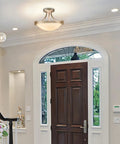 Dope Brushed Nickel Three Light Semi Flush Mount Ceiling Light With White Glass Bowl Shade in modern entryway