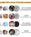 Rad 2 28 Inch Round Button Maker Kit Press Paper Cutter 100 Materials DIY Fridge Magnets Pins Keychains Metal Badge Maker Set Custom Designs Great For Parties Crafting Projects Or Just Having Fun Making Awesome Stuff To Wear Or Stick On Wall Cool. 2.28-inch badge parts shown with bottle opener, pin, magnet, and mirror use