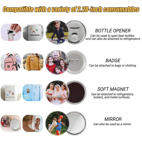 Rad 2 28 Inch Round Button Maker Kit Press Paper Cutter 100 Materials DIY Fridge Magnets Pins Keychains Metal Badge Maker Set Custom Designs Great For Parties Crafting Projects Or Just Having Fun Making Awesome Stuff To Wear Or Stick On Wall Cool. 2.28-inch badge parts shown with bottle opener, pin, magnet, and mirror use