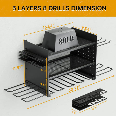 Power Tool Organizer Wall Mount With 3 Layer Design And Eight Drill Slots, Heavy Duty Tool Shelf Rack For Garage Storage, Keeps Batteries Chargers Cords And Tools, Tool Nerd Approved Gift For Him Dad Husband