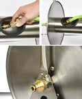 Heavy Duty Wall Mount Metal Garden Hose Reel Featuring Legit Stainless Steel Storage Rack connection point with hose attachment.