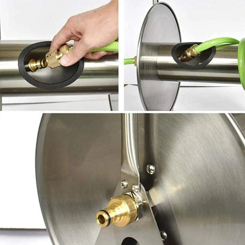 Heavy Duty Wall Mount Metal Garden Hose Reel Featuring Legit Stainless Steel Storage Rack connection point with hose attachment.