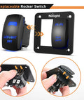2 Gang Rocker Switch Panel SPST On Off Toggle With Laser Pattern, 5 Pin, Aluminum Plate, Pre Wired Jumper Wires, 12V 20A And 24V 10A, Plug And Play Harness, Great For LED Light Bar, RV, Boats, 4x4, Cars, Blue, removable rocker switch panel with laser etched LED labels