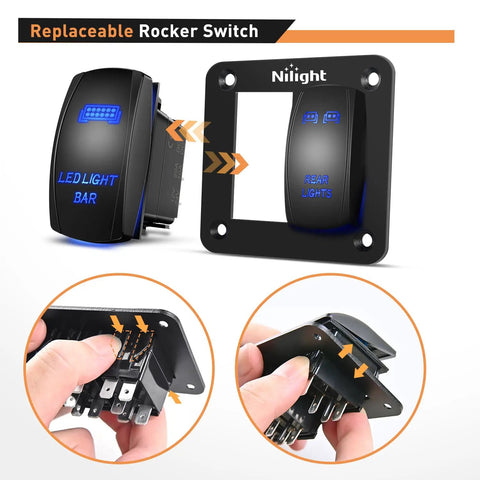 2 Gang Rocker Switch Panel SPST On Off Toggle With Laser Pattern, 5 Pin, Aluminum Plate, Pre Wired Jumper Wires, 12V 20A And 24V 10A, Plug And Play Harness, Great For LED Light Bar, RV, Boats, 4x4, Cars, Blue, removable rocker switch panel with laser etched LED labels