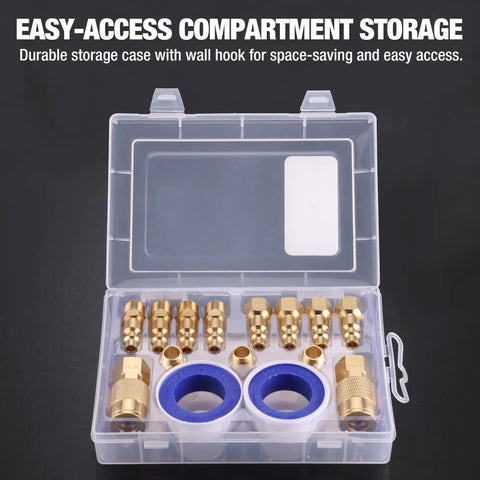 Pro Grade 16 Piece One Quarter Inch NPT Air Hose Fitting Kit with Storage Case, Quick Connect Brass Couplers and Plugs visible