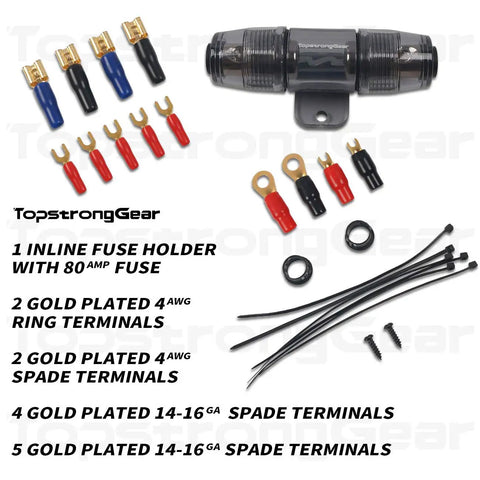 4 Gauge Amp Kit For Cars With All In One Pro Grade Install Bundle including fuse holder, terminals, and tie wraps.