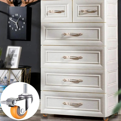 Swap Furniture Wobbles Fast With These One Inch Mini Swivel Casters Featuring Threaded Stems And Silently Rolling Nylon Wheels Built Tough For Tables And Workspace Chairs In Bright Matte Orange on a cabinet.