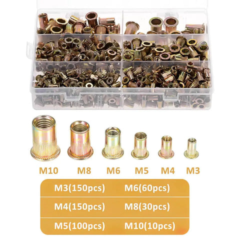 Carbon Steel Rivet Nut Kit With 500 Pieces Threaded Inserts M3 M4 M5 M6 M8 M10 In Galvanized Finish In A Handy Portable Box