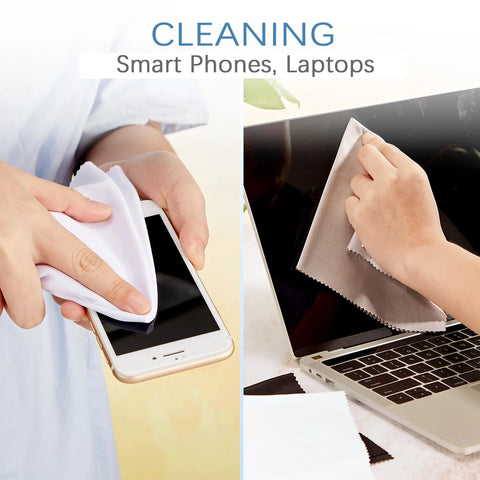 Frienda microfiber cleaning cloths, 12 x 12 inches; white and gray, two cloths shown cleaning phone and laptop screens.