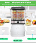 Heavy Duty Food Dehydrator With Eight Bpa Free Trays delivering seven square feet of drying space with fruits and snacks displayed.