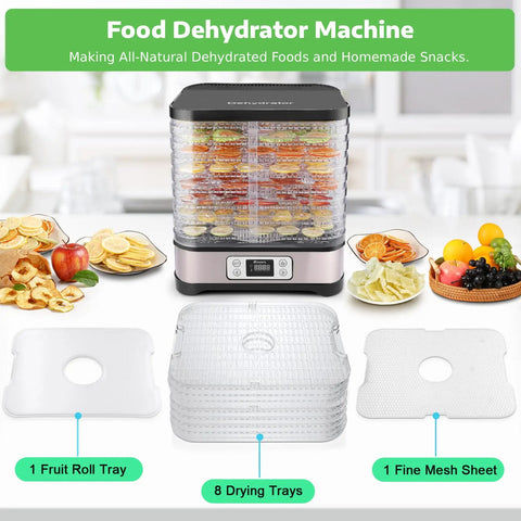 Heavy Duty Food Dehydrator With Eight Bpa Free Trays delivering seven square feet of drying space with fruits and snacks displayed.