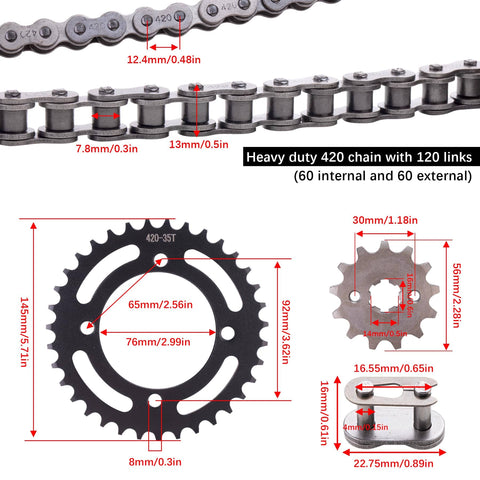 Heavy duty 420 chain with 120 links and 420 13T 35 tooth sprocket set for 50cc to 170cc dirt bikes ATVs go karts