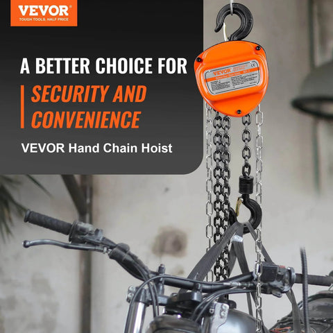 1 Ton Hand Chain Hoist 20 Ft Lift 2200 Lbs G80 Galvanized Chain on a motorcycle, orange hoist with visible chain and hook