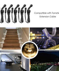 Collage showing 16 Pack Recessed LED Deck Lights 32mm Step Lights Outdoor Waterproof 12V usage in garden and stairs