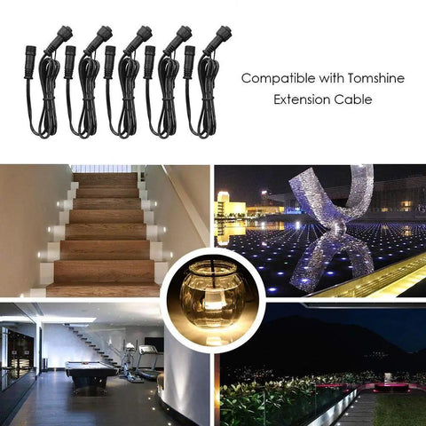 Collage showing 16 Pack Recessed LED Deck Lights 32mm Step Lights Outdoor Waterproof 12V usage in garden and stairs