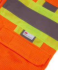 Heavy Duty Neon Orange Mesh Safety Vest With Seven Pockets And 3M Reflective Tape showing breathable mesh and reflective strips.