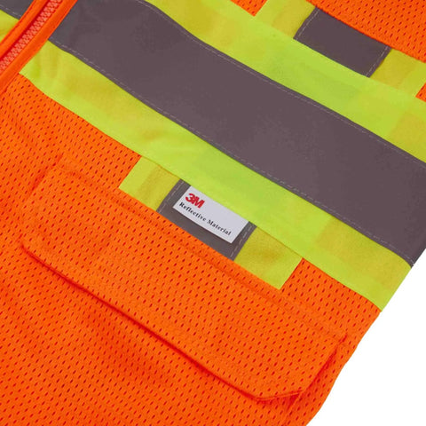 Heavy Duty Neon Orange Mesh Safety Vest With Seven Pockets And 3M Reflective Tape showing breathable mesh and reflective strips.