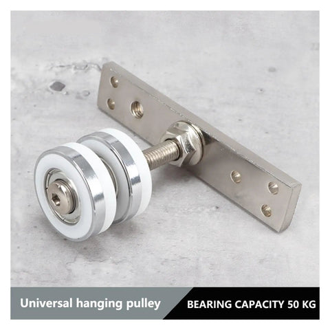 Heavy Duty Barn Door Hardware Kit With Smooth Sliding Wheels And Solid Steel Guide Rail For Easy Install, close-up of universal hanging pulley.