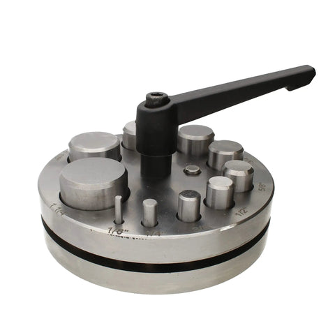 Pro Grade Heavy Duty Steel Circle Disc Cutter Set With Ten Punches including rubber base and handle for precise sheet metal discs.
