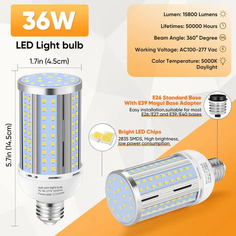6 Pack 36W LED Corn Light Bulbs Super Bright 5400LM 5000K Daylight E26 E39 Mogul Base Fanless Cob Lamp for Outdoor Indoor