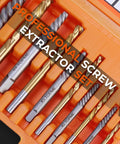 Close-up of 14 Piece Screw Extractor Set with left-hand drill bits in orange case for stripped and damaged screws removal