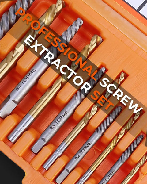 Close-up of 14 Piece Screw Extractor Set with left-hand drill bits in orange case for stripped and damaged screws removal