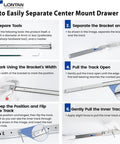 Step-by-step guide to separate center mount drawer slides, featuring tools, bracket, track, and inner parts for easy installation.