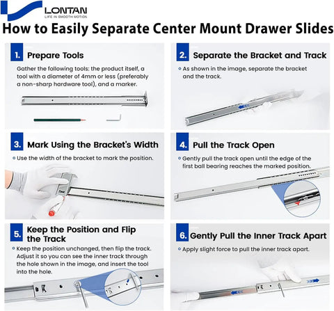How to Easily Separate Center Mount Drawer Slides guide showing 14-inch black steel drawer slide parts and installation steps