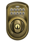 Plymouth Electronic Keypad Deadbolt Lock With Keyless Front Door Entry For Easy No Key Fumble Home Access, Mechanical Key Backup Included, Antique Brass Finish, BE365 V PLY 609, Strong Grade 2 Security shown in antique brass finish.